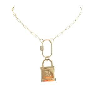 Louis Vuitton Silver LV Lock Pendant Paper Clip Carabiner Necklace (LVXX030)